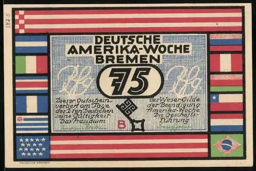 Notgeld Bremen 1923, 75 Pfennig, Deutsche Amerika-Woche, Ansicht Buenos Aires