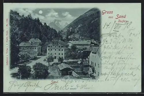 Mondschein-AK Sand i. Taufers, Teilansicht mit Gasthaus zur Post