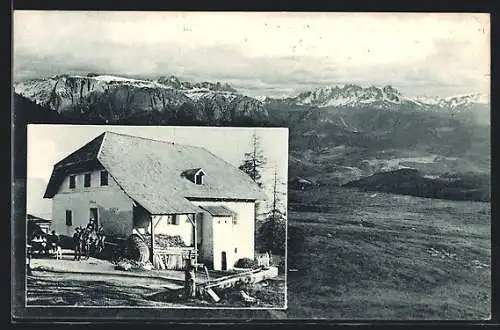 AK Klobenstein am Ritten, Gasthaus Pemmern mit Blick auf Schlern, Rosengarten u. Latemar