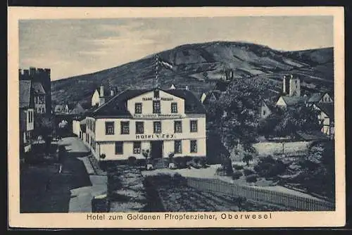 AK Oberwesel, Hotel zum goldenen Pfropfenzieher Frey mit Strasse und Umgebung