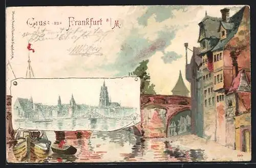 Lithographie Frankfurt, Ortsansicht, Hafenpartie