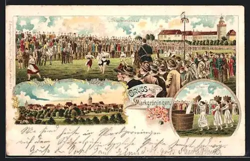 Lithographie Markgröningen, Schäferinnenlauf auf dem Volksfest, Lauf m. Wassergölten