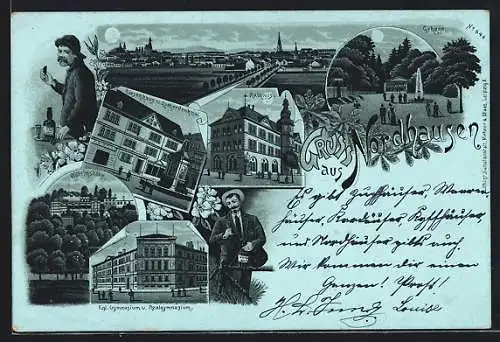 Mondschein-Lithographie Nordhausen, Riesenhaus und Lutherdenkmal, Wilhelmshöhe, Gehege