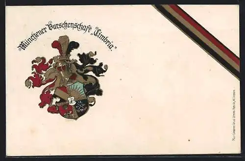 Künstler-AK München, Münchener Burschenschaft Timbria, Ritterhelm und Studentenwappen