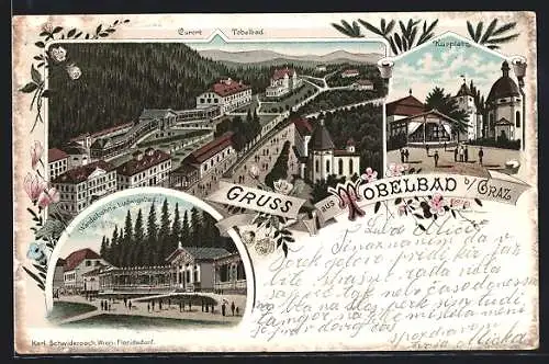 Lithographie Tobelbad b/Graz, Gesamtansicht, Kurplatz & Wandelbahn u. Ludwigsbad