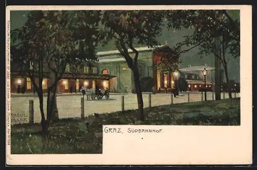 Künstler-Lithographie Raoul Frank: Graz, Südbahnhof