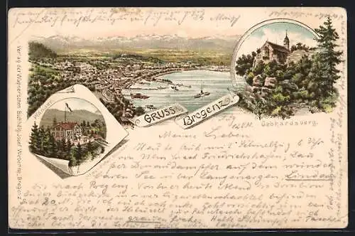 Vorläufer-Lithographie Bregenz, 1892, Gasthaus Pfänder, Gebhardsberg, Panorama