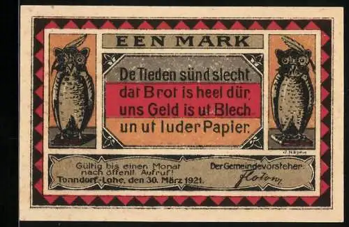 Notgeld Tonndorf-Lohe 1921, 1 Mark, Das leere Staatssäckel