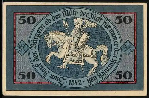 Notgeld Torgau 1921, 50 Pfennig, Blick auf Burg und Ritter zu Pferd