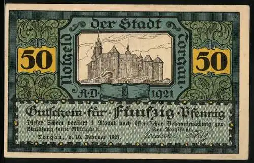 Notgeld Torgau 1921, 50 Pfennig, Burg und bewaffneter Ritter zu Pferd