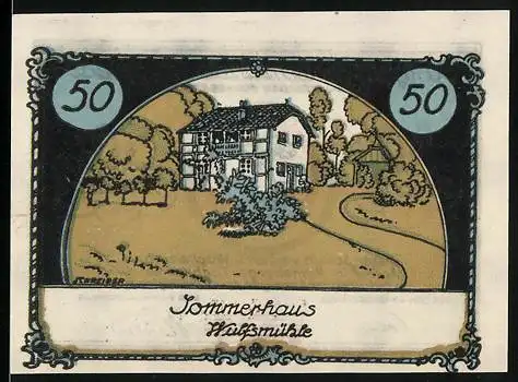 Notgeld Tangstedt, 50 Pfennig, Sommerhaus Wulfsmühle