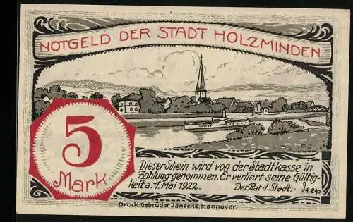 Notgeld Holzminden 1922, 5 Mark, Ortsansicht und Szene Eingemeindung Altendorfs