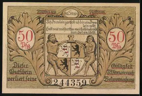 Notgeld Hildburghausen 1921, 50 Pfennig, Wappen und Strassenpartie mit Passanten