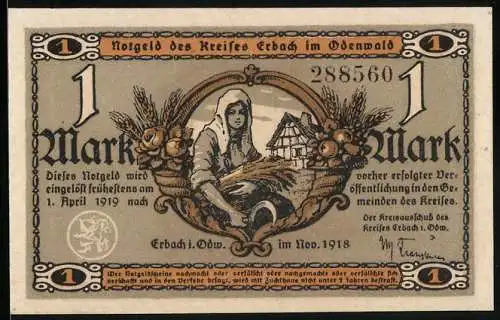 Notgeld Erbach i. Odw. 1918, 1 Mark, Wassermühle und Frau bei der Ernte