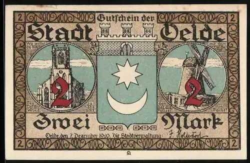 Notgeld Oelde 1920, 2 Mark, Wappen und Szene mit Pinzenkranz