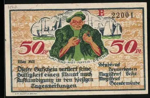 Notgeld Geestemünde 1921, 50 Pfennig, Fischer mit Tabakspfeife, Im Hintergrund Schiff und Boote