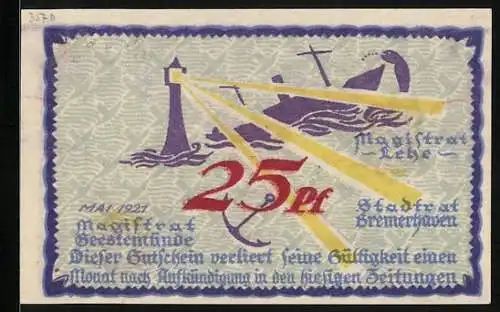 Notgeld Geestemünde 1921, 25 Pfennig, Schiff mit Leuchtturm
