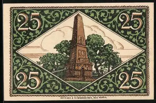 Notgeld Rheinsberg /Mark, 25 Pfennig, Friedrich der Grosse und Obelisk