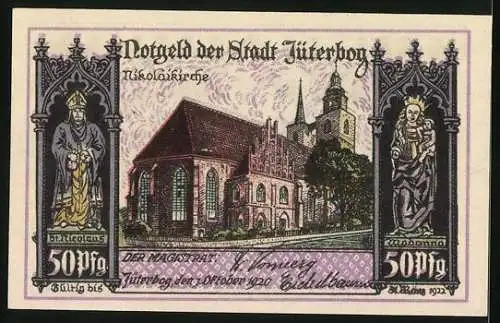 Notgeld Jüterbog 1920, 50 Pfennig, Tekelkasten in der Nicolaikirche, Nicolaikirche