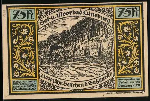 Notgeld Lüneburg 1921, 75 Pfennig, Alte Stadtmauer, Henneberg klagt vor Gericht seinen Sohn an, 1000 Jahre Salzquelle