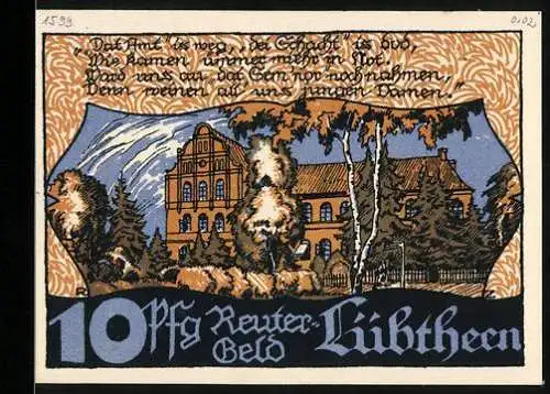 Notgeld Lübtheen, 10 Pfennig, Blick zur Kirche