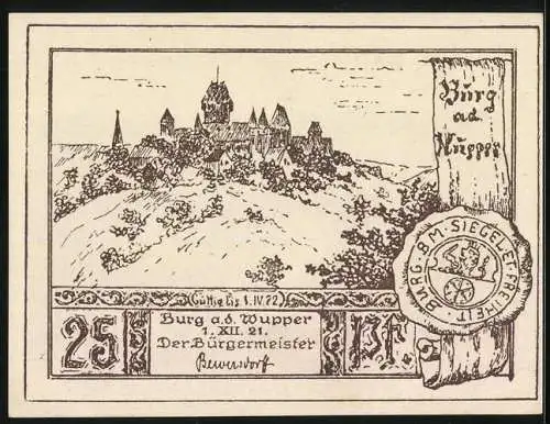 Notgeld Burg a. d. Wupper 1921, 25 Pfennig, Unterburg und Oberburg mit Schloss