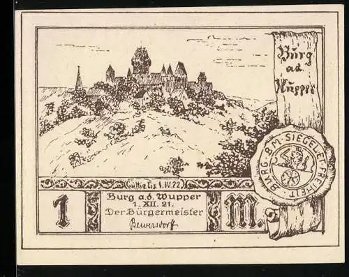 Notgeld Burg a. d. Wupper 1921, 1 Mark, Standbild Graf Adolf V.