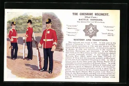 Künstler-AK The Cheshire Regiment 22nd Foot., Battle Honours, The United Red and White Rose, Britische Uniformen