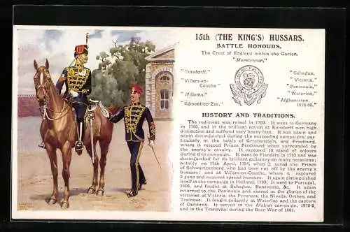 Künstler-AK 15th the King`s Hussars, Soldat reicht einem Husaren einen Brief