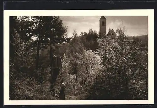 AK St. Jakob am Ritten, Ortspartie mit Bildstock und Kirche