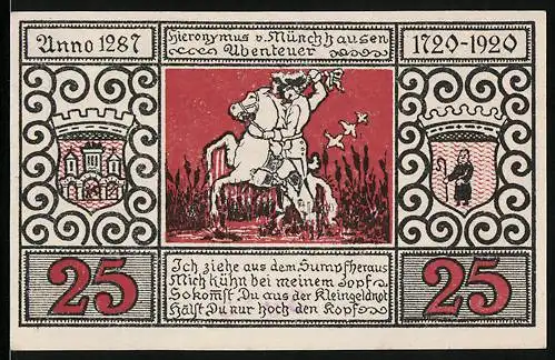 Notgeld Bodenwerder 1920, 25 Pfennig, Hieronymus v. Münchhausen zu Pferd, Stadtwappen