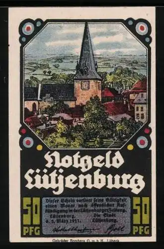 Notgeld Lütjenburg 1921, 50 Pfennig, Ortsansicht mit Uhrturm, Rathaus