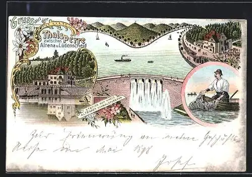 Lithographie Altena, Gasthaus an der Thalsperre zwischen Altena und Lüdenscheid, Fischer mit Netz