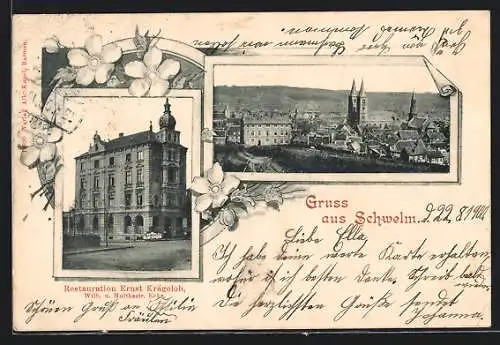 AK Schwelm, Restaurant Ernst Krägeloh Ecke Wilhelm- und Moltkestrasse, Teilansicht mit Kirche