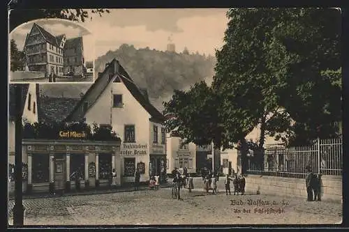 AK Bad Nassau a. L., Schlossstrasse mit Buchbinderei Theodor Brunn und Weinrestaurant Zur Tante