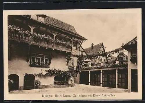 AK Tübingen, Hotel Lamm, Gartenhaus mit Einzel-Autohallen