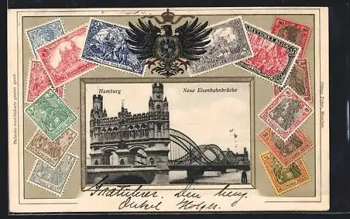 AK Hamburg, Neue Eisenbahnbrücke, Briefmarken