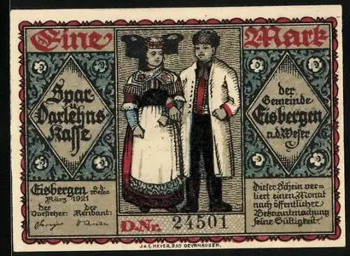 Notgeld Eisbergen a. d. Weser 1921, 1 Mark, Menschen in Tracht beim Tanzen