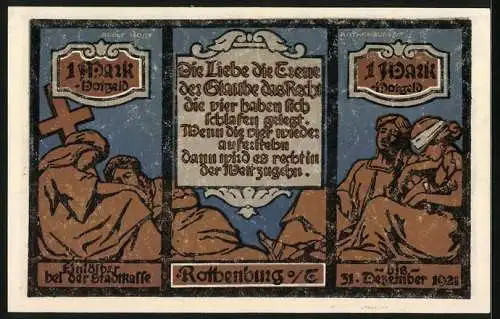 Notgeld Rothenburg o. Tauber 1921, 1 Mark, Brückenturm, Rathaus