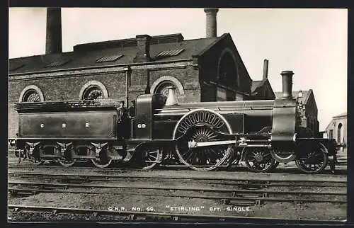 Foto-AK englische Eisenbahn, G. N. R., No. 69, Stirling, 8 Ft., Single, Dampflokomotive mit Tender