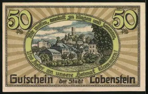 Notgeld Lobenstein /Thüringen 1921, 50 Pfennig, Ortsansicht mit dem Turm