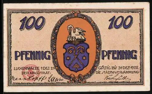Notgeld Luckenwalde 1921, 100 Pfennig, Ortsansicht aus der Vogelschau