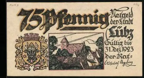 Notgeld Lübz, 75 Pfennig, Heimatgedicht von Paul Warneke
