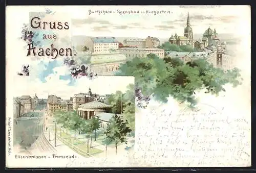 Lithographie Aachen-Burtscheid, Rosenbad und Kurgarten, Elisenbrunnen und Promenade