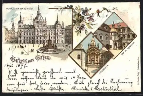 Lithographie Graz, Hauptplatz mit Rathaus, Mausoleum und Hof im Landhaus