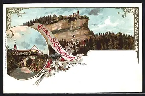 Lithographie Bregenz, St. Gebhardsberg, Ortsansicht und Gebäude