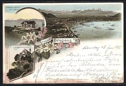 Vorläufer-Lithographie Bregenz a. B., 1895, Pfänderspitze mit Hotel Pfänder, Ortsansicht mit See und Bergpanorama