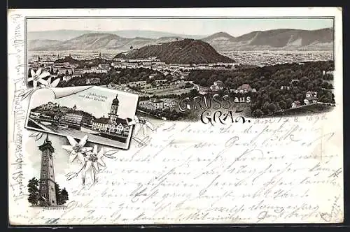 Lithographie Graz, Schlossberg und neue Brücke, Hilmwarte, Gesamtansicht aus der Vogelschau