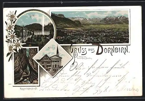 Lithographie Dornbirn, Gütle, Kirche, Rappenlochschlucht, Totalansicht