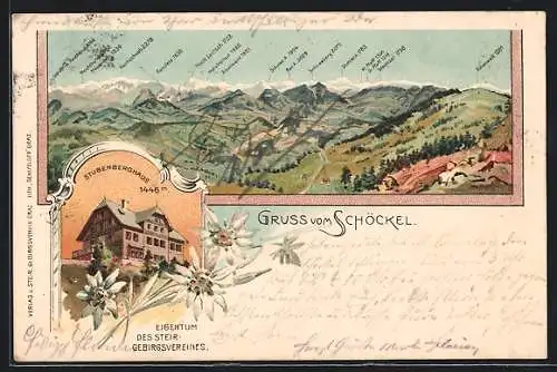 Lithographie Radegund am Schröckel, Das Stubenberghaus des Steir. Gebirgsvereins, Alpenpanorama